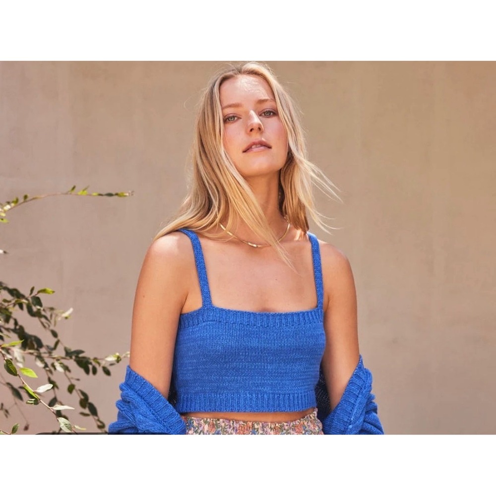 Self Contrast Blue Cropped Knit Tank Top Double Strap Size L NEW